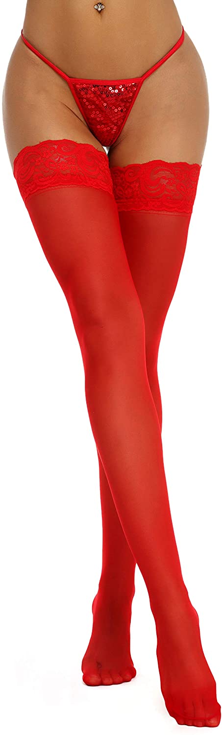 Lace Top Glossy Stockings Red