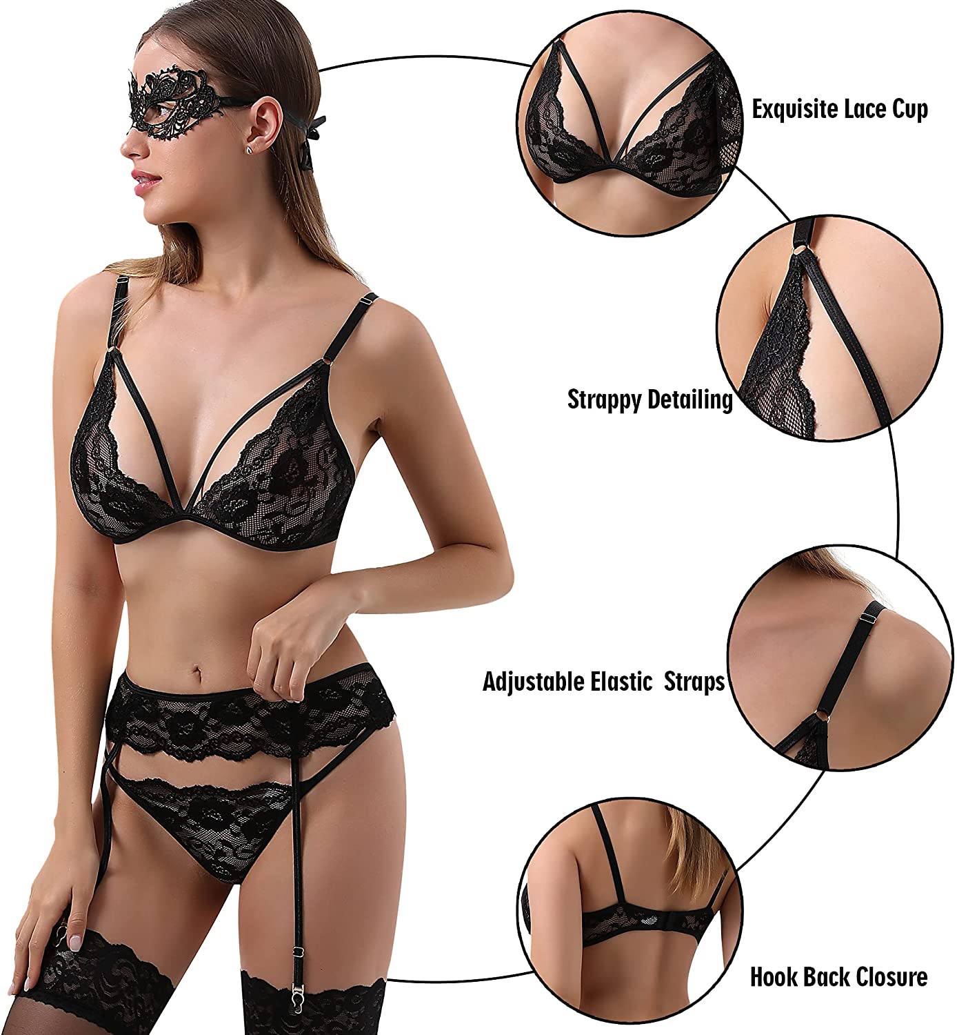 Lidogirls Women Lingerie Set Garter Belt with Stocking And Lace Eye Mask(BLACK)