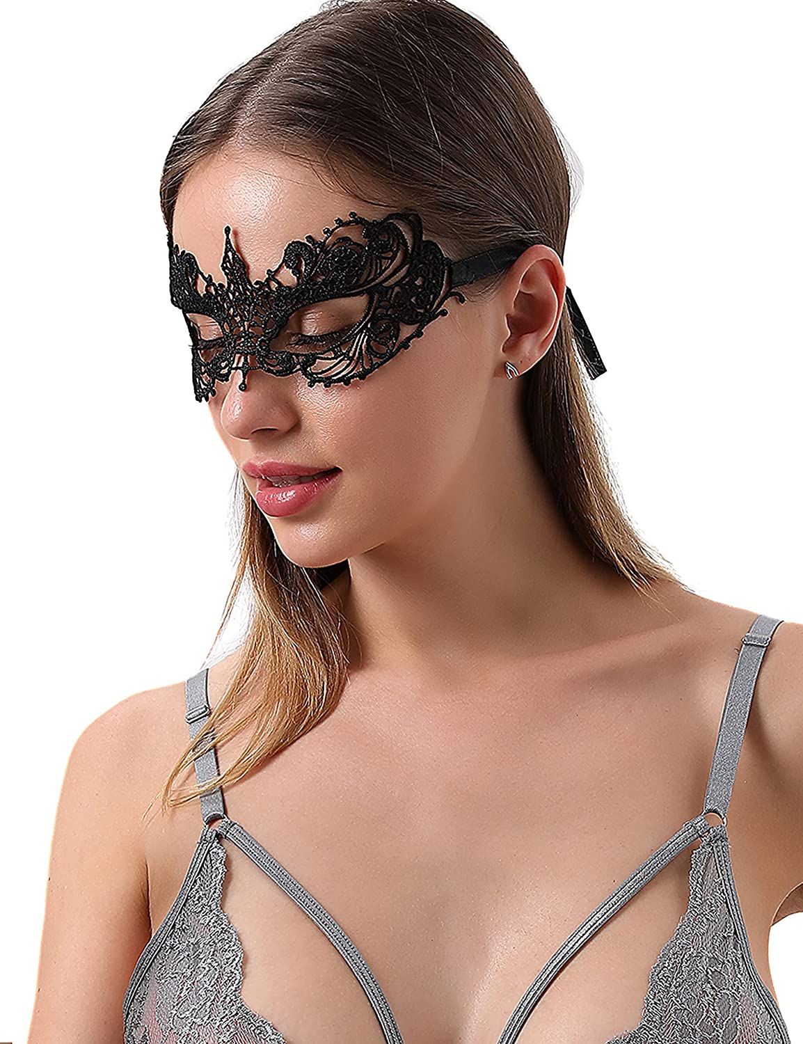 Lidogirls Women Lingerie Set Garter Belt with Stocking And Lace Eye Mask（GREY）