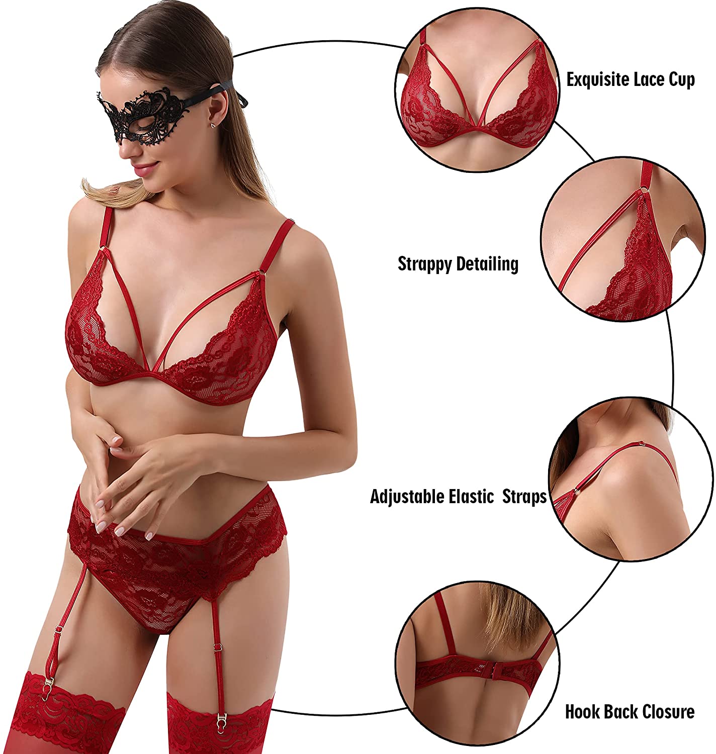 Lidogirls Women Lingerie Set Garter Belt with Stocking And Lace Eye Mask (RED)