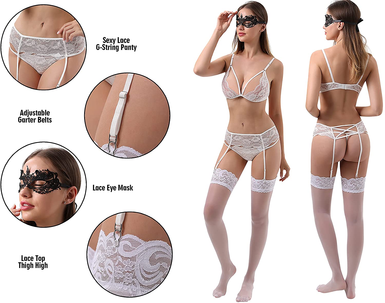 Lidogirls Women Lingerie Set Garter Belt with Stocking And Lace Eye Mask(WHITE)