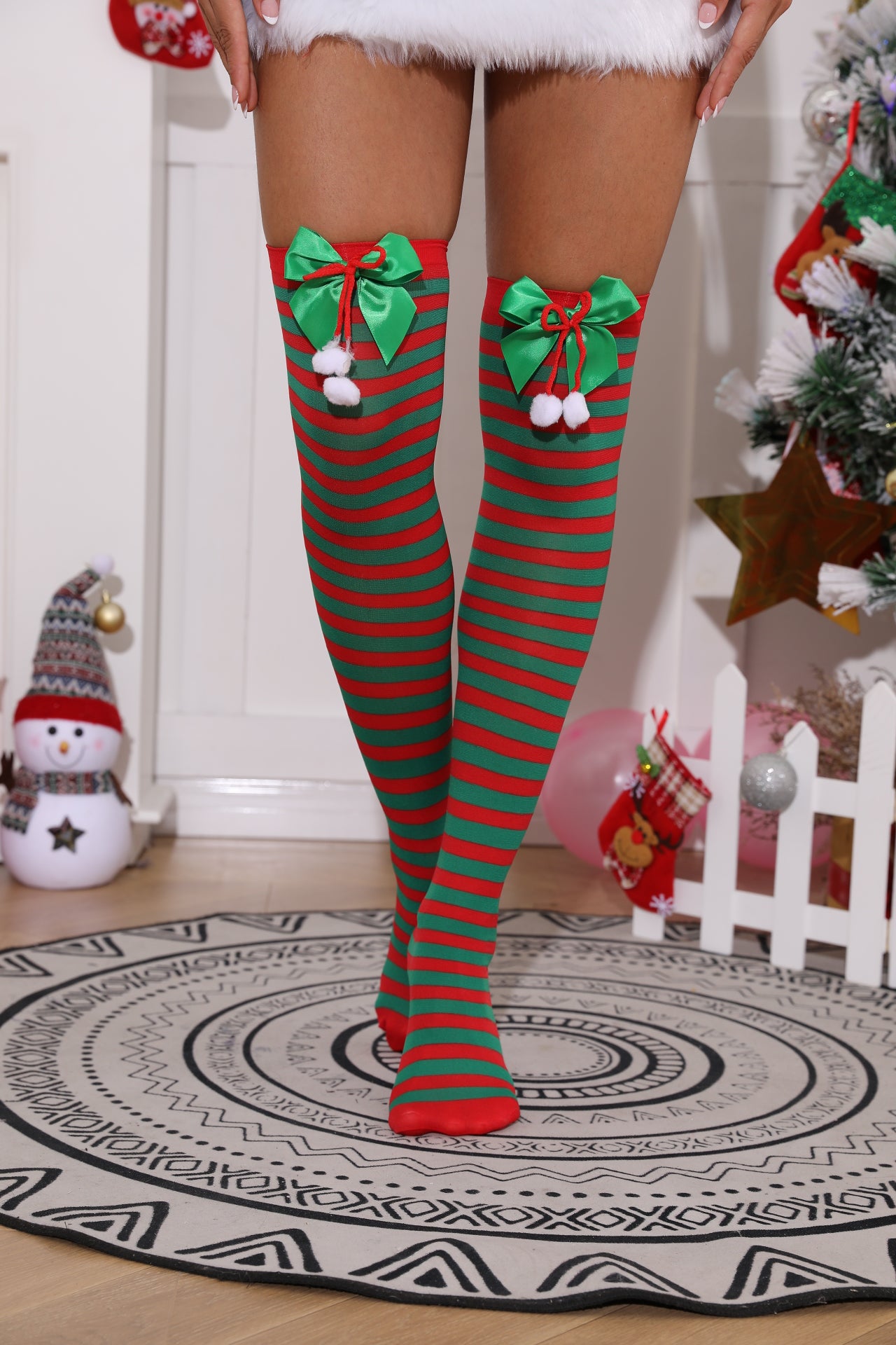 Lidogirls Christmas stocking: Christmas Cute Bow Striped Knee High Stockings